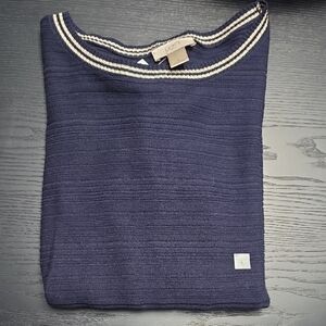 LOFT Navy Knit Top with White Striped Crew Neck, NWT size S